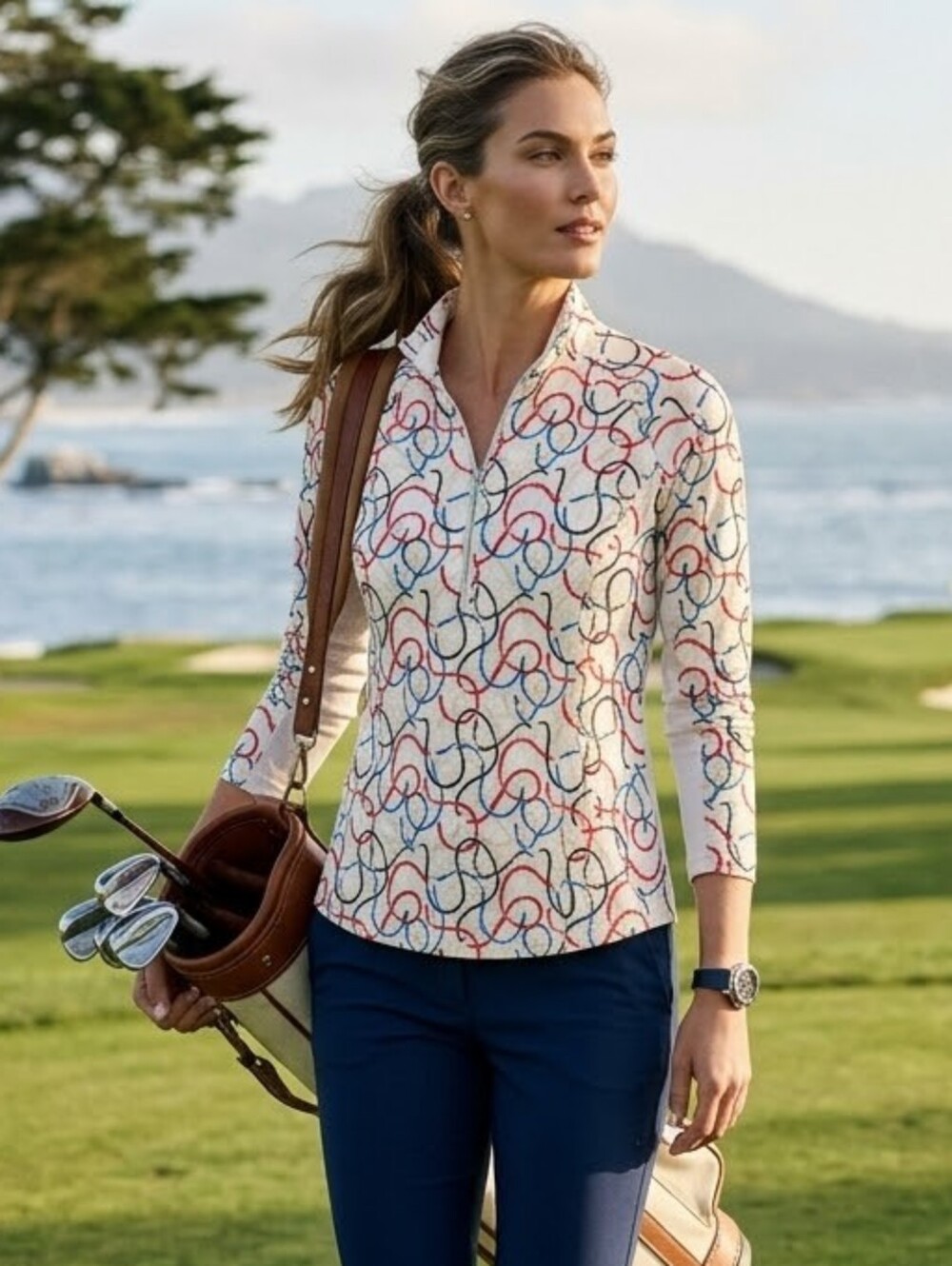 Pebble Beach Dry Luxe Performance Golf  Top With Chain Print